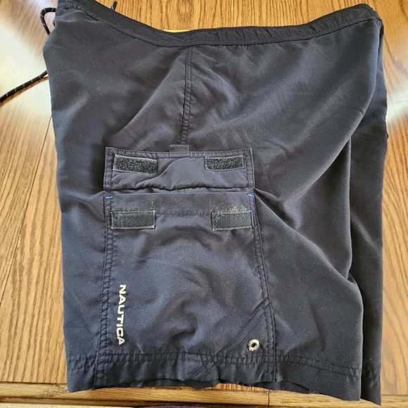 Nautica Navy Blue yellow lined Board Shorts Swim Trunks drawstring Mens size L - Picture 8 of 15